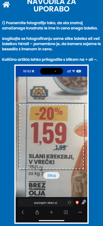 Uporaba AI aplikacije Eurospin za skeniranje izdelkov in prepoznavanje cen